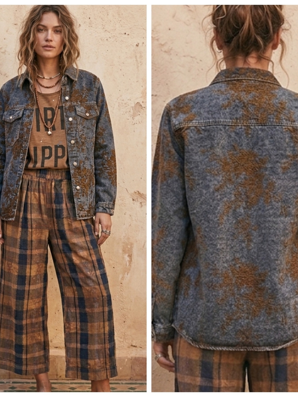Washed Blue & Brown Plaid Wide-Leg Pants - Women